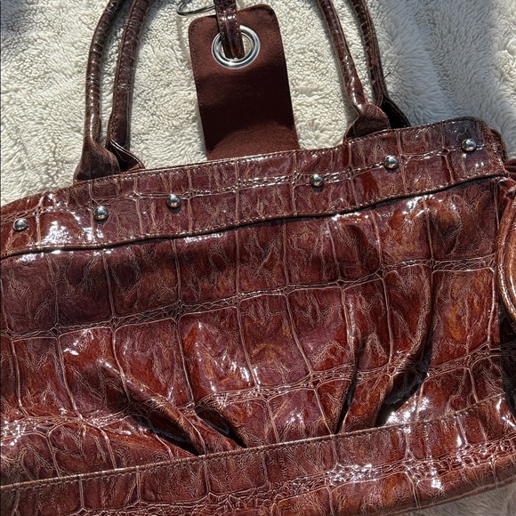 Brown Faux Croc Embossed Satchel Handbag Tote | Structured Shoulder Bag Purse - Picture 3 of 6